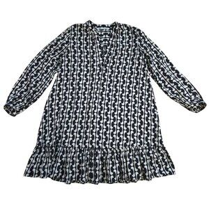 Zara Black White Geometric Ruffle Hem Dress XS Long Sleeve Boho.